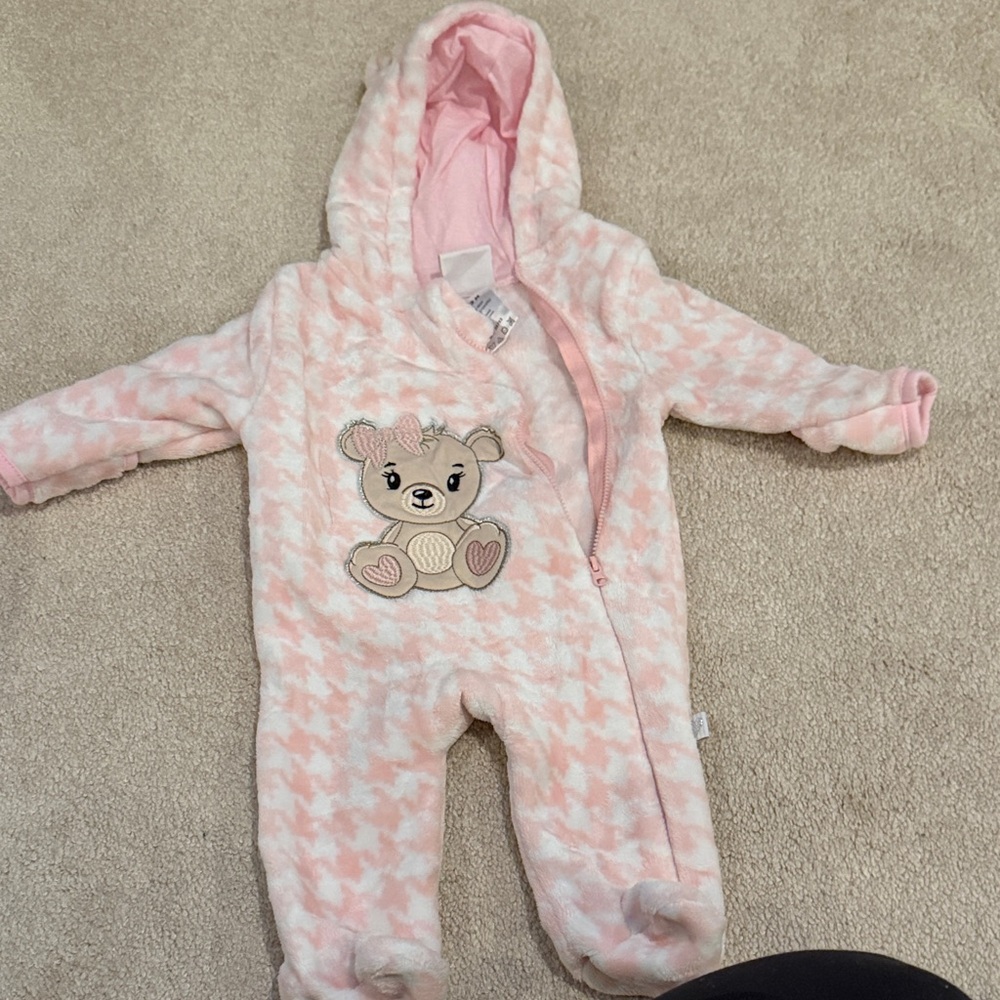 Pink Houndstooth Baby Hooded One-Piece with Bear Applique